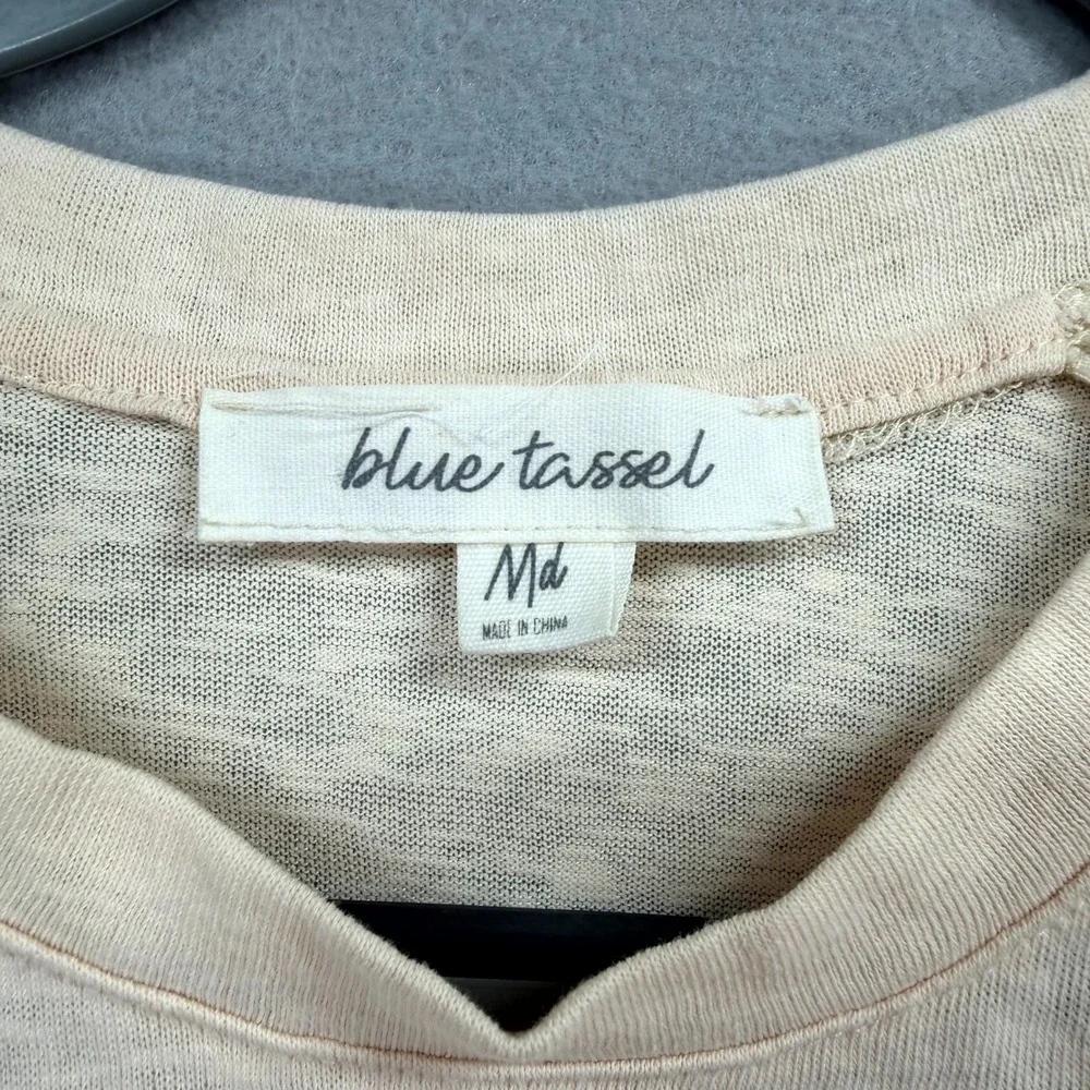 Blue Tassel Cropped Top Womens Medium Beige‎ Lightweight Lacey Crochet Crew Neck